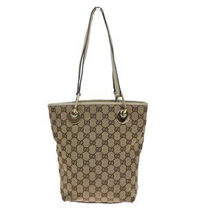 GUCCI Logo GG Pattern Shoulder Tote Bag Canvas Leather Brown White GHW 64KA689
